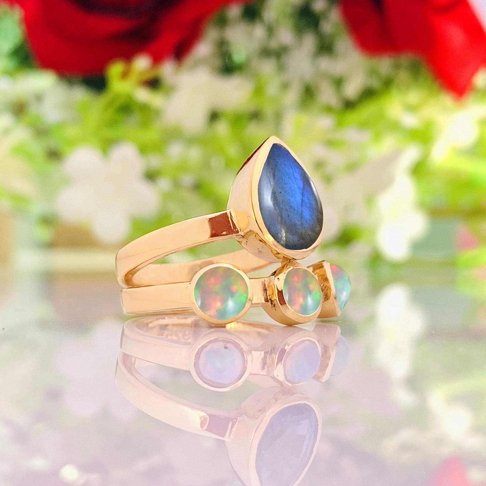 Natural Labradorite & Opal Ring | Gold Boho Statement - BeadsBoatInc
