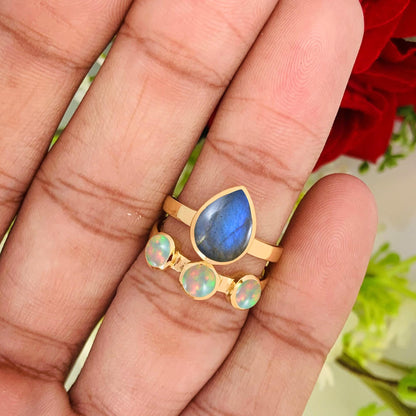 Natural Labradorite & Opal Ring | Gold Boho Statement - BeadsBoatInc