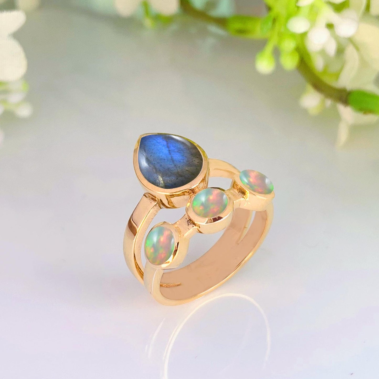 Natural Labradorite & Opal Ring | Gold Boho Statement - BeadsBoatInc