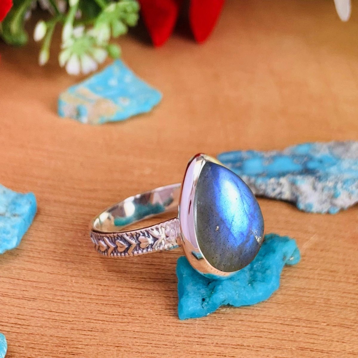 Natural Labradorite Pear Solitaire Ring | Boho Statement | Sterling Silver - BeadsBoatInc