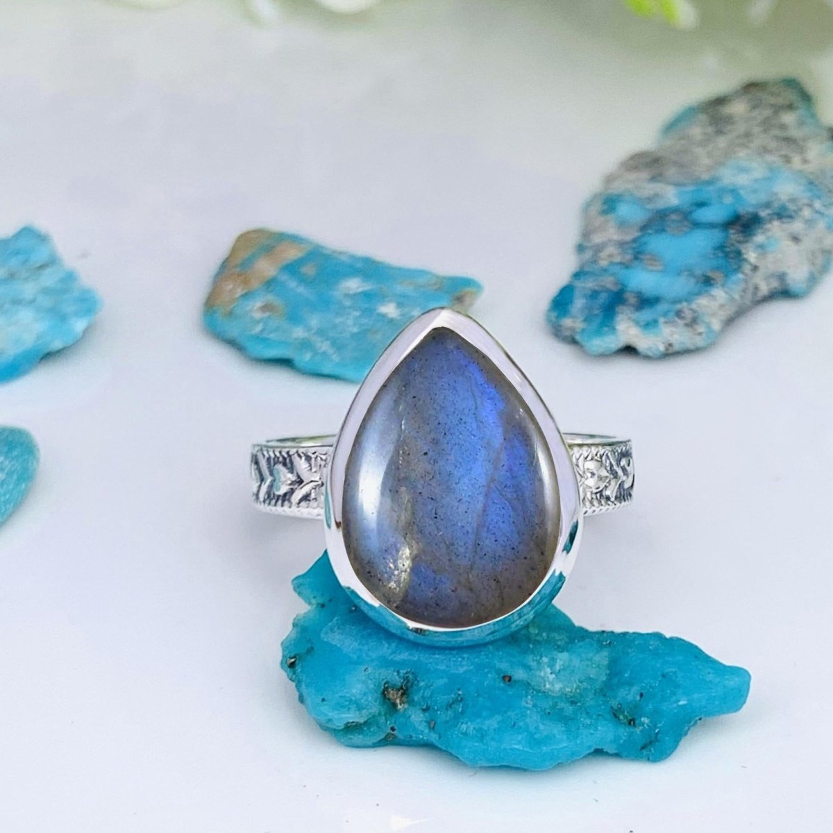 Natural Labradorite Pear Solitaire Ring | Boho Statement | Sterling Silver - BeadsBoatInc