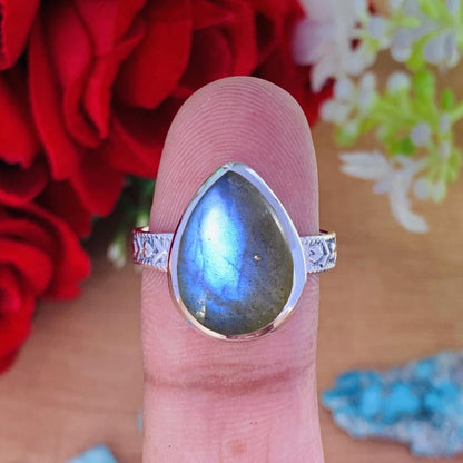 Natural Labradorite Pear Solitaire Ring | Boho Statement | Sterling Silver - BeadsBoatInc