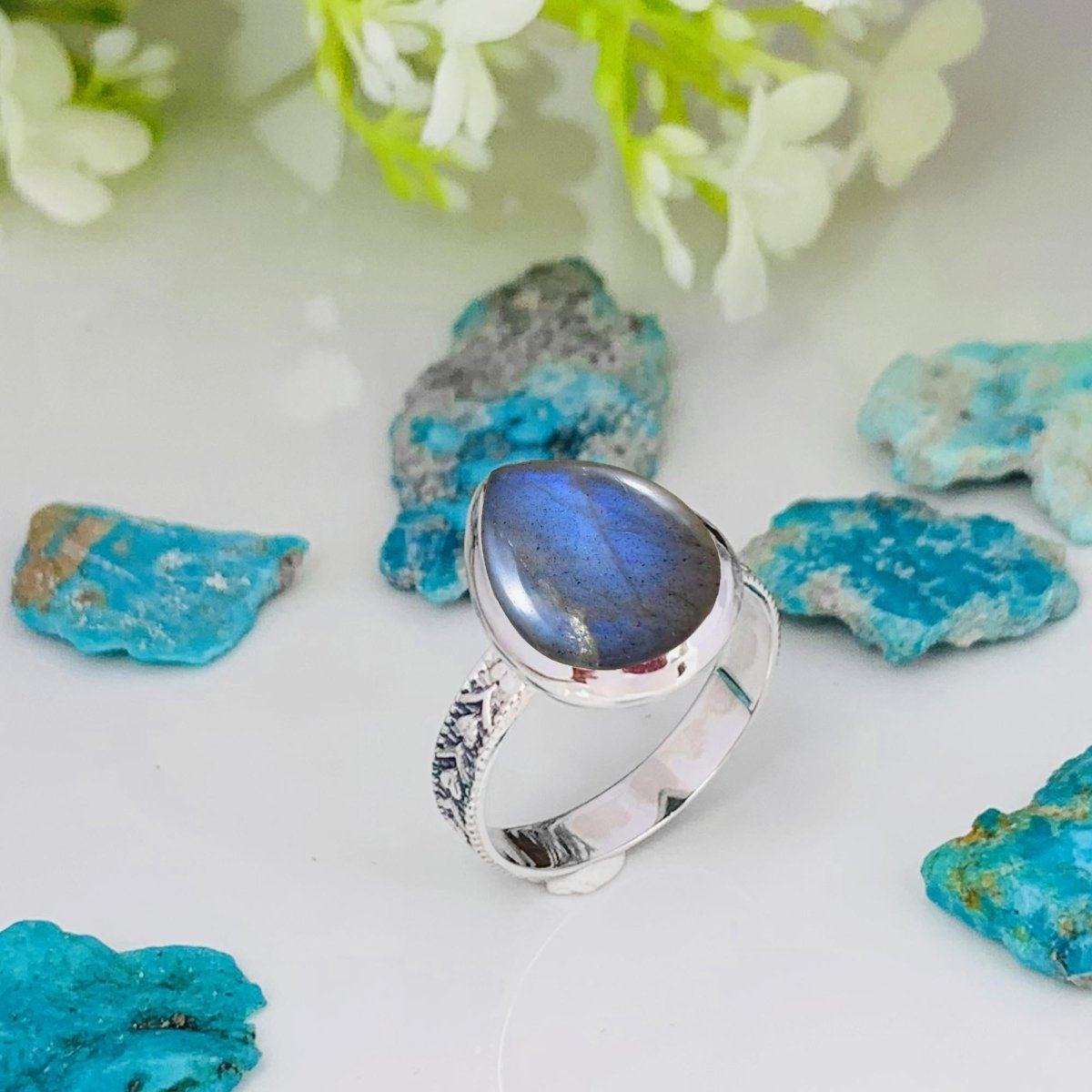 Natural Labradorite Pear Solitaire Ring | Boho Statement | Sterling Silver - BeadsBoatInc