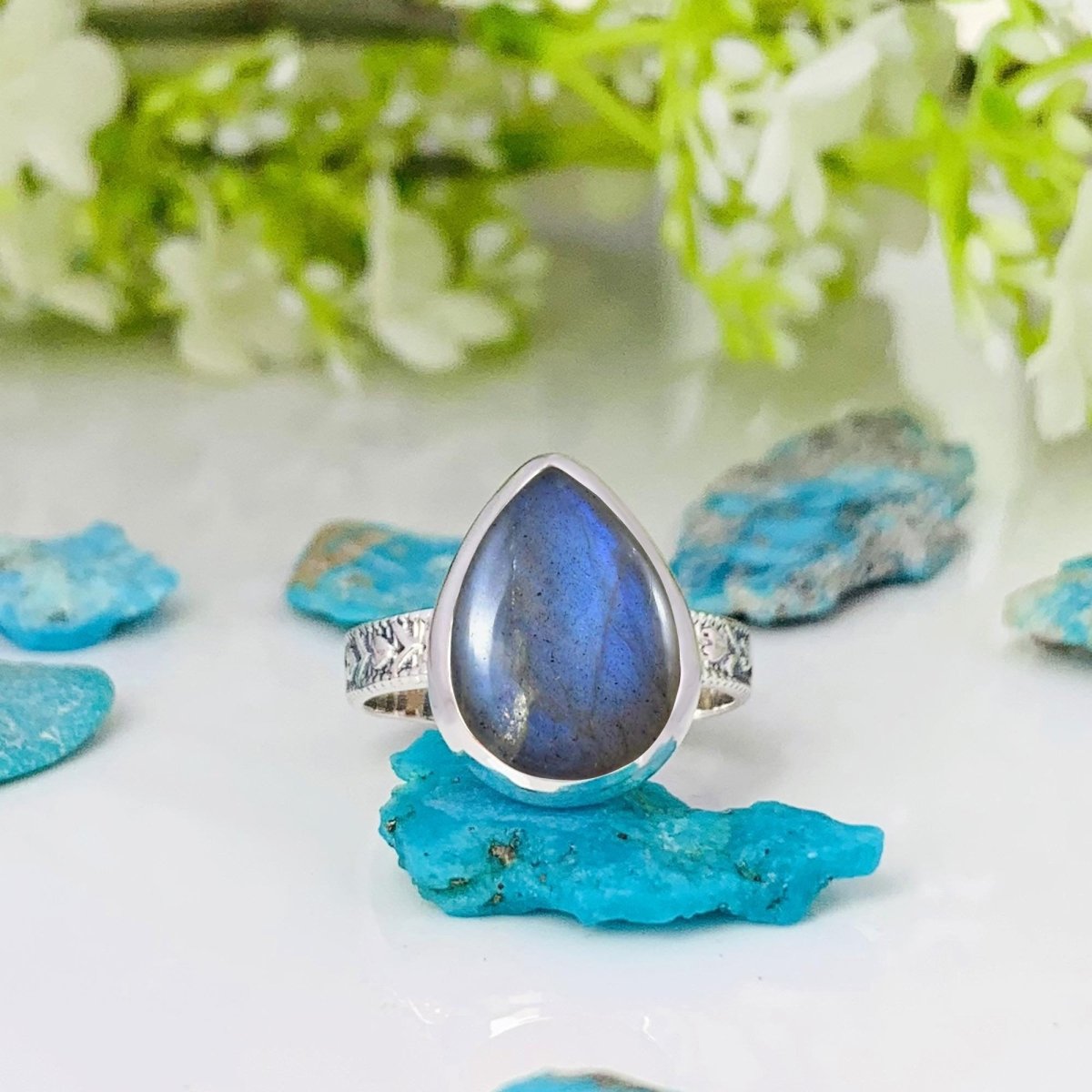 Natural Labradorite Pear Solitaire Ring | Boho Statement | Sterling Silver - BeadsBoatInc