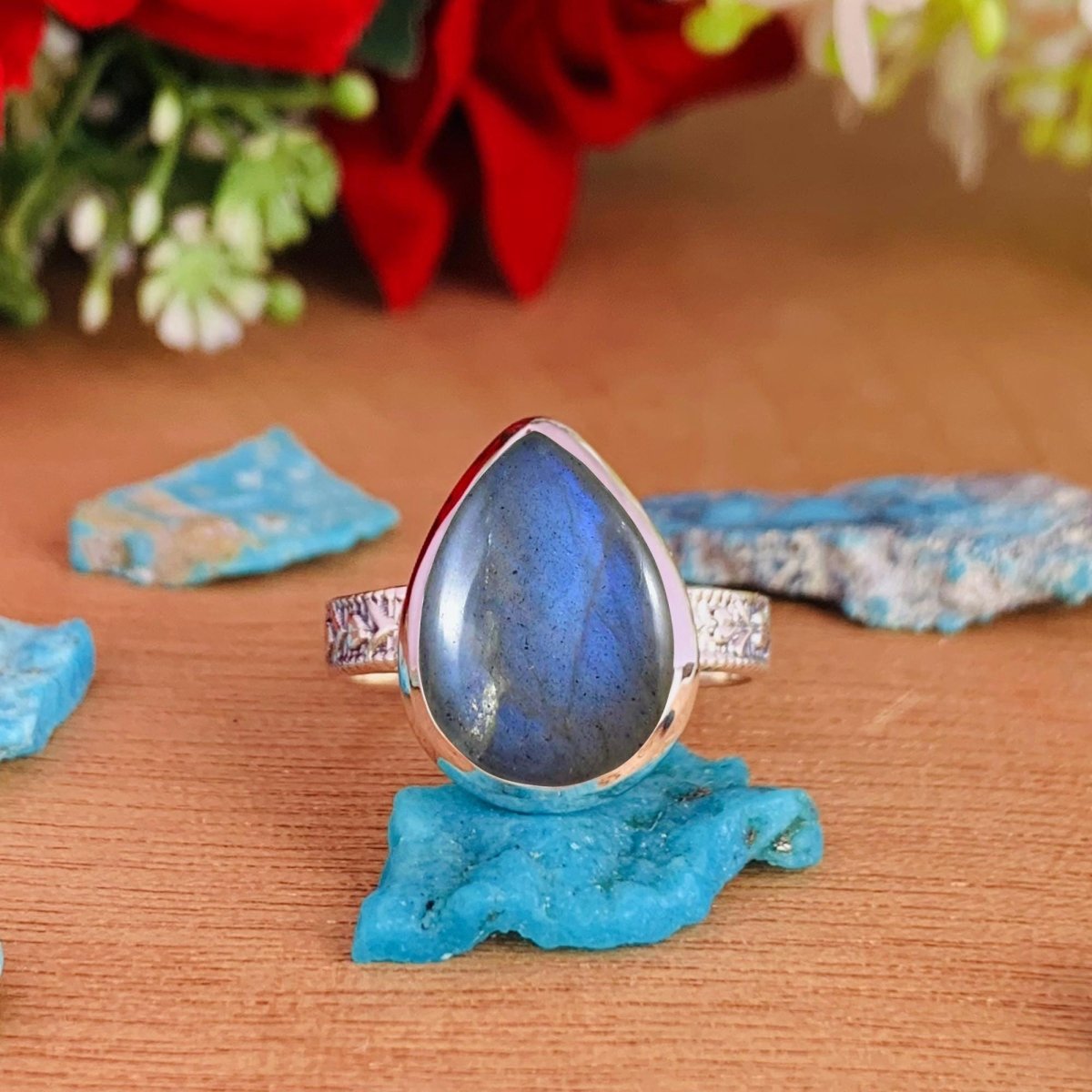 Natural Labradorite Pear Solitaire Ring | Boho Statement | Sterling Silver - BeadsBoatInc
