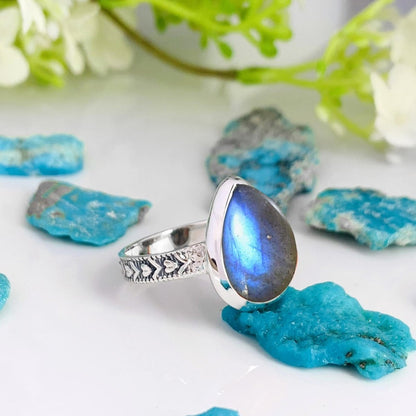 Natural Labradorite Pear Solitaire Ring | Boho Statement | Sterling Silver - BeadsBoatInc