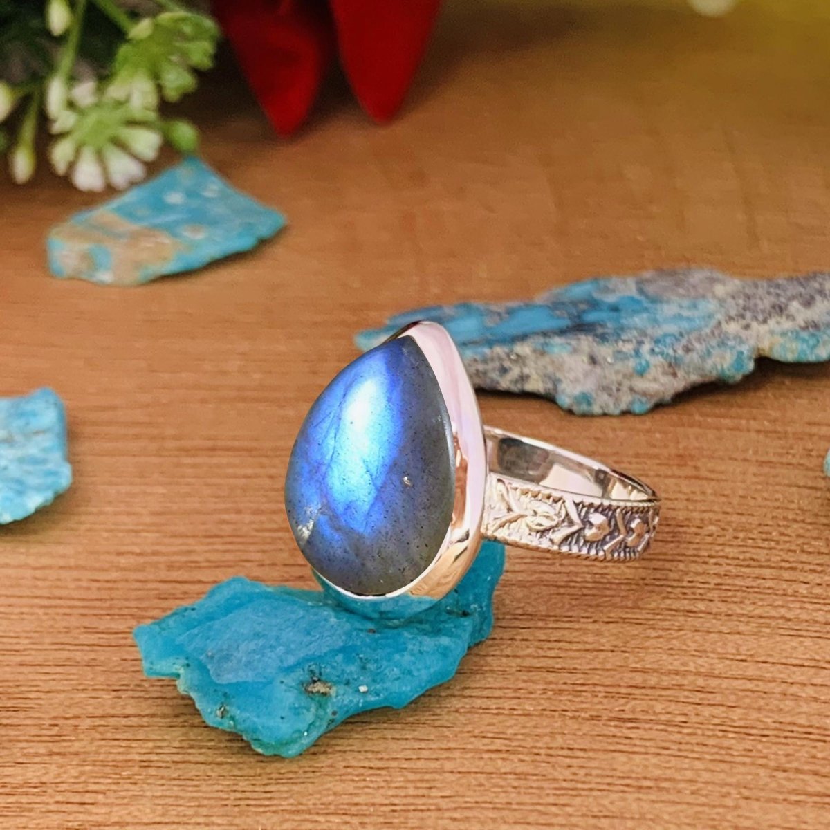 Natural Labradorite Pear Solitaire Ring | Boho Statement | Sterling Silver - BeadsBoatInc