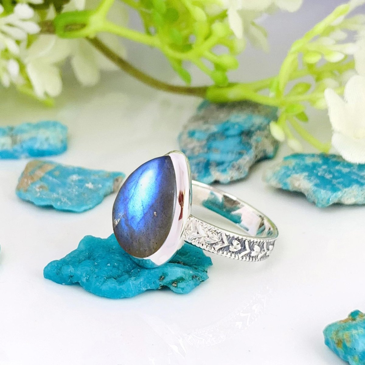 Natural Labradorite Pear Solitaire Ring | Boho Statement | Sterling Silver - BeadsBoatInc