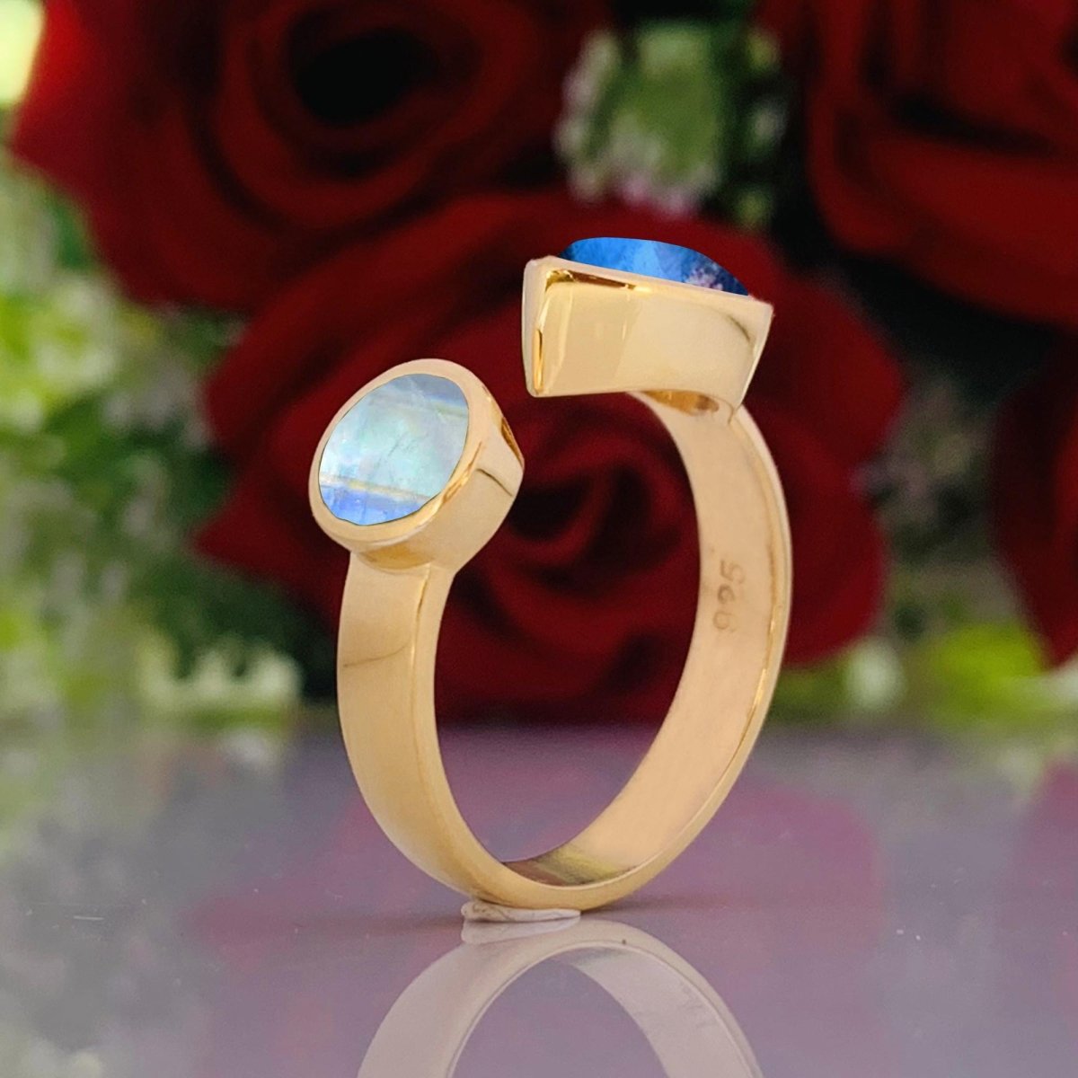 Natural Labradorite & Rainbow Moonstone Ring | 18K Gold Plated - BeadsBoatInc