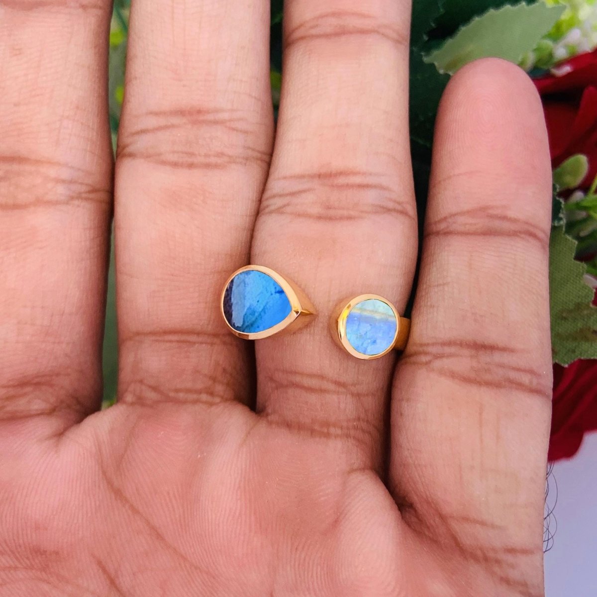 Natural Labradorite & Rainbow Moonstone Ring | 18K Gold Plated - BeadsBoatInc
