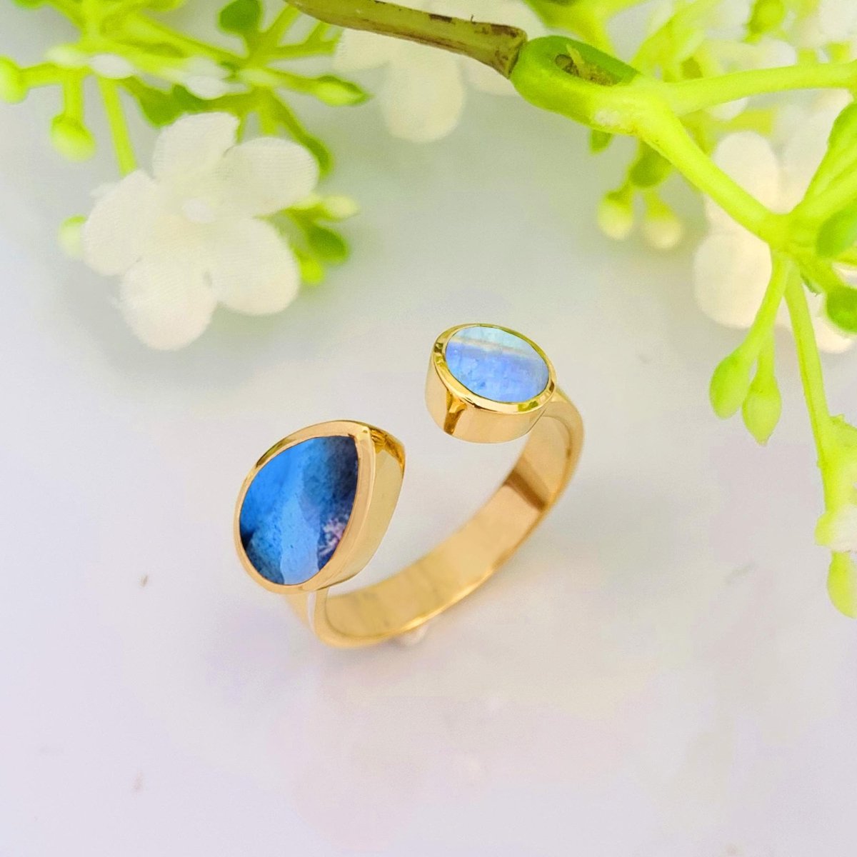 Natural Labradorite & Rainbow Moonstone Ring | 18K Gold Plated - BeadsBoatInc