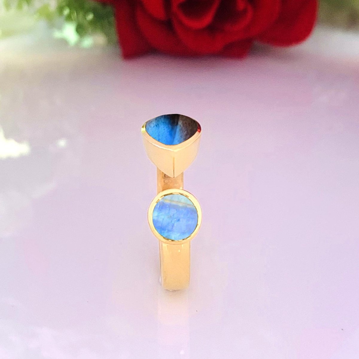 Natural Labradorite & Rainbow Moonstone Ring | 18K Gold Plated - BeadsBoatInc