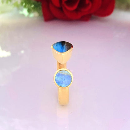 Natural Labradorite & Rainbow Moonstone Ring | 18K Gold Plated - BeadsBoatInc