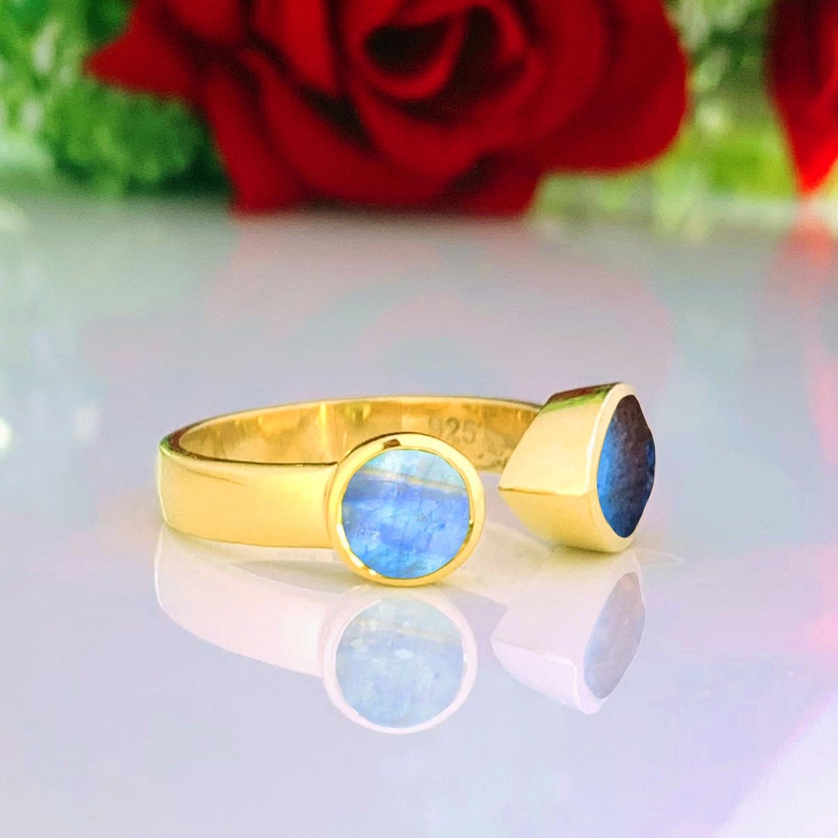 Natural Labradorite & Rainbow Moonstone Ring | 18K Gold Plated - BeadsBoatInc