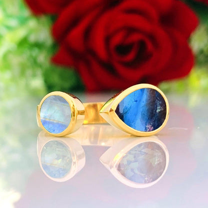 Natural Labradorite & Rainbow Moonstone Ring | 18K Gold Plated - BeadsBoatInc
