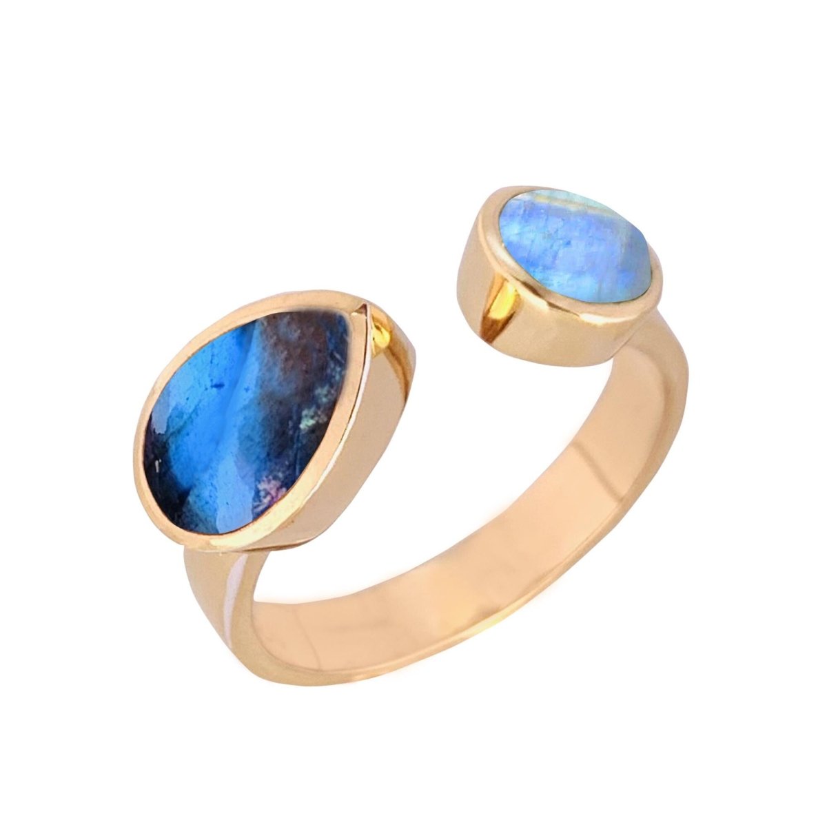 Natural Labradorite & Rainbow Moonstone Ring | 18K Gold Plated - BeadsBoatInc