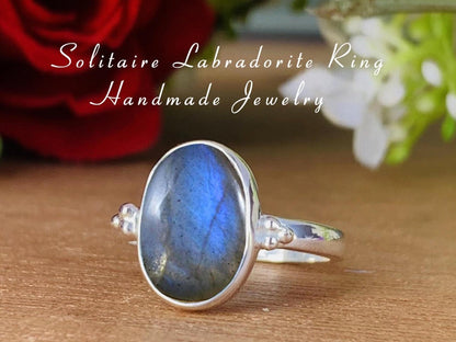 Natural Labradorite Solitaire Ring | Sterling Silver Gold Plated - BeadsBoatInc