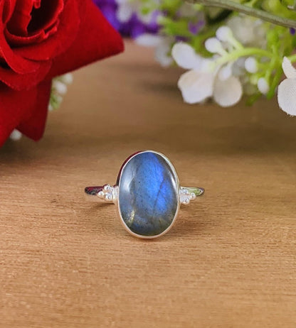 Natural Labradorite Solitaire Ring | Sterling Silver Gold Plated - BeadsBoatInc