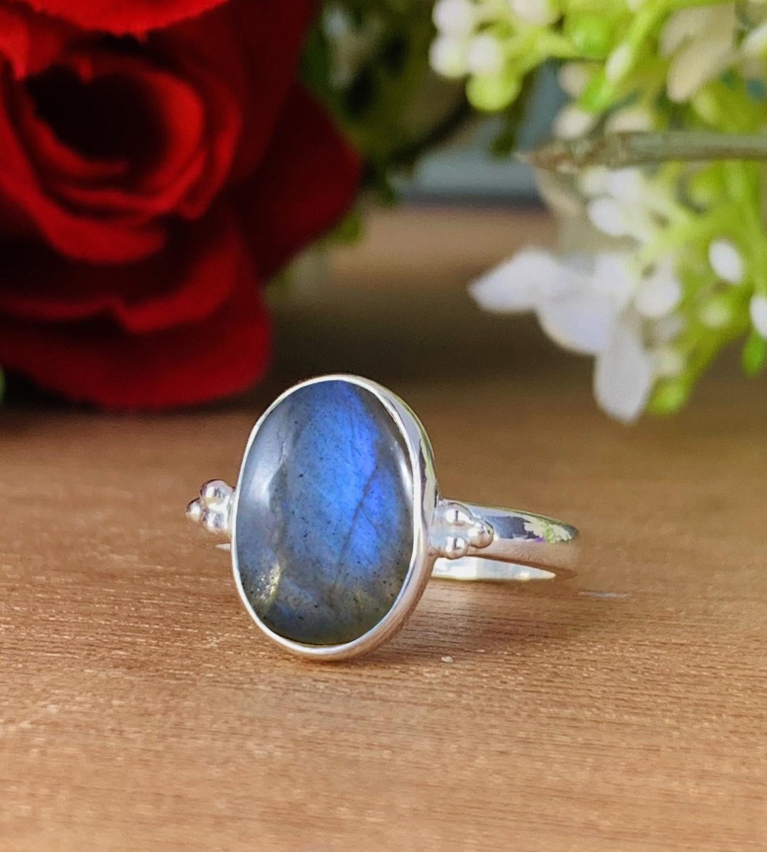 Natural Labradorite Solitaire Ring | Sterling Silver Gold Plated - BeadsBoatInc