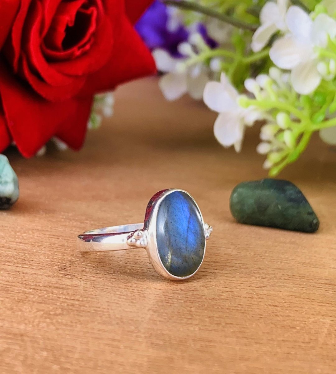 Natural Labradorite Solitaire Ring | Sterling Silver Gold Plated - BeadsBoatInc