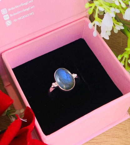 Natural Labradorite Solitaire Ring | Sterling Silver Gold Plated - BeadsBoatInc