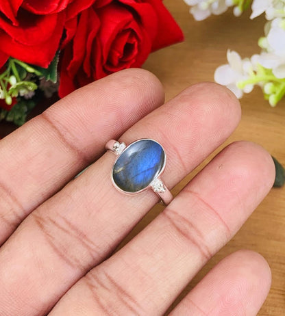 Natural Labradorite Solitaire Ring | Sterling Silver Gold Plated - BeadsBoatInc