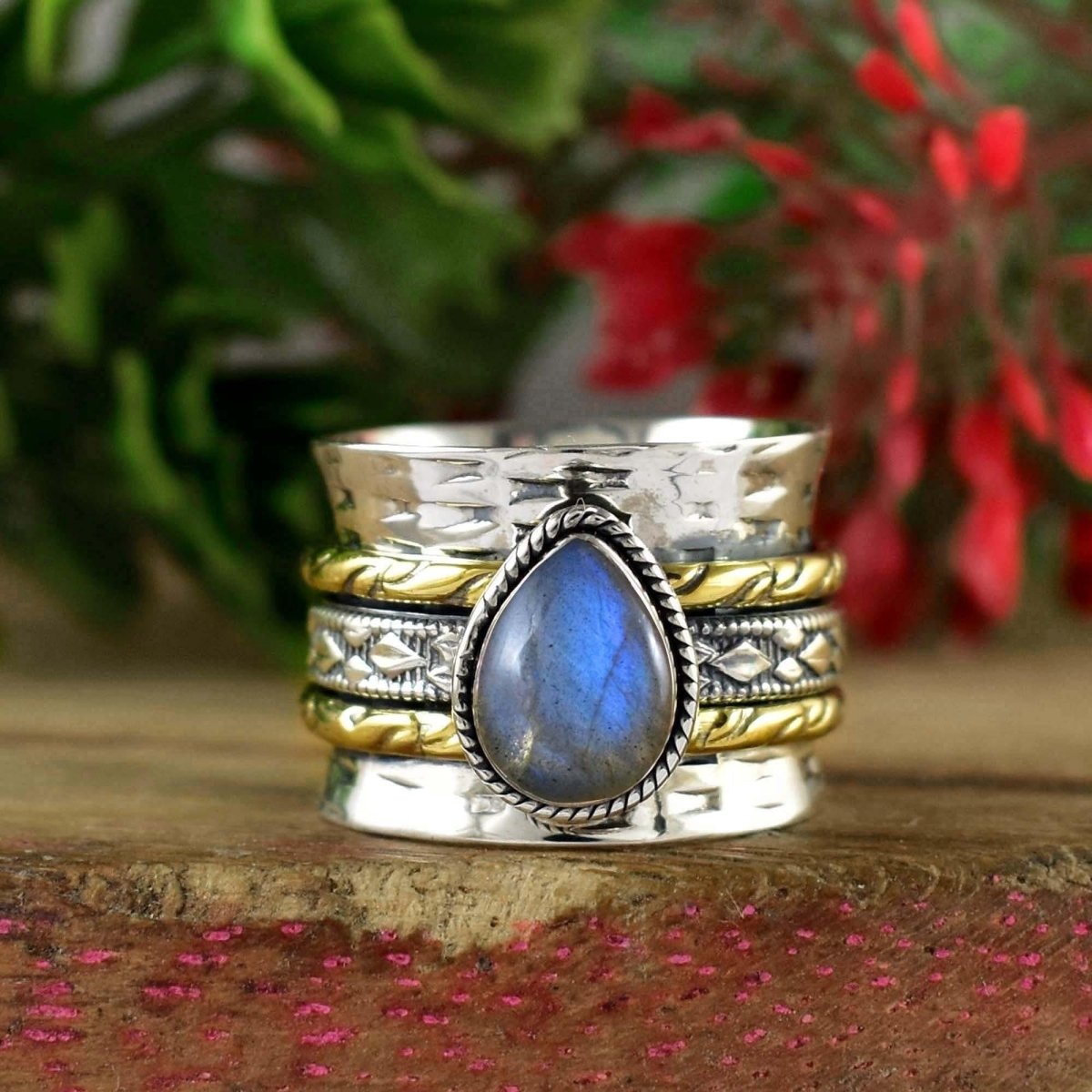 Natural Labradorite Spinner Ring, Hammered Wide Band, Wedding Fidget - BeadsBoatInc