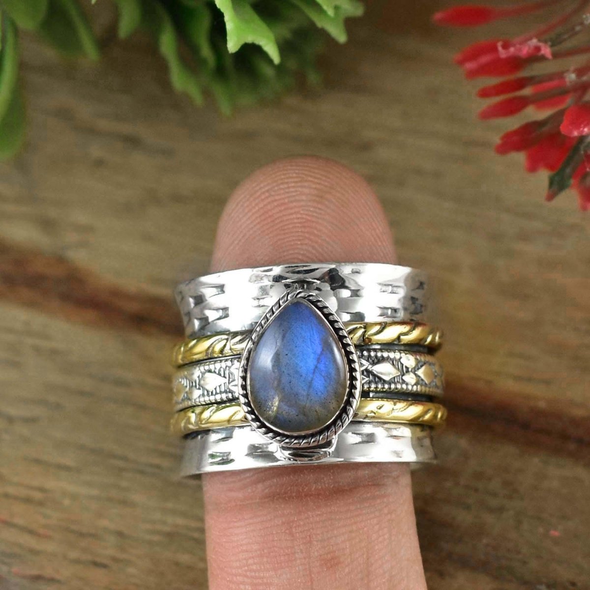 Natural Labradorite Spinner Ring, Hammered Wide Band, Wedding Fidget - BeadsBoatInc