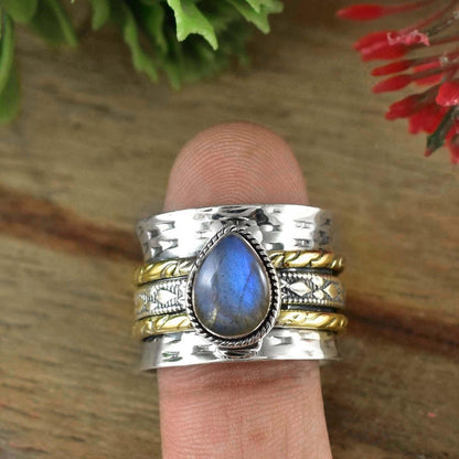 Natural Labradorite Spinner Ring, Hammered Wide Band, Wedding Fidget - BeadsBoatInc
