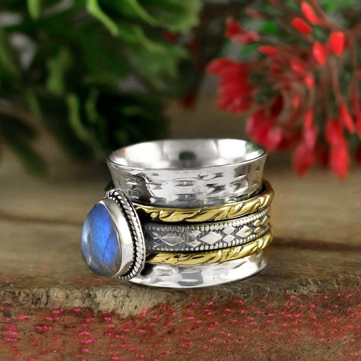 Natural Labradorite Spinner Ring, Hammered Wide Band, Wedding Fidget - BeadsBoatInc