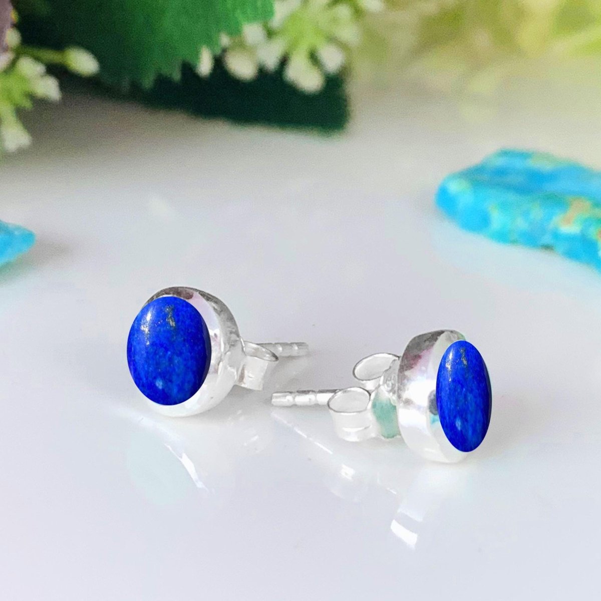 Natural Lapis Lazuli Earrings - 925 Sterling Silver Studs for Women - BeadsBoatInc
