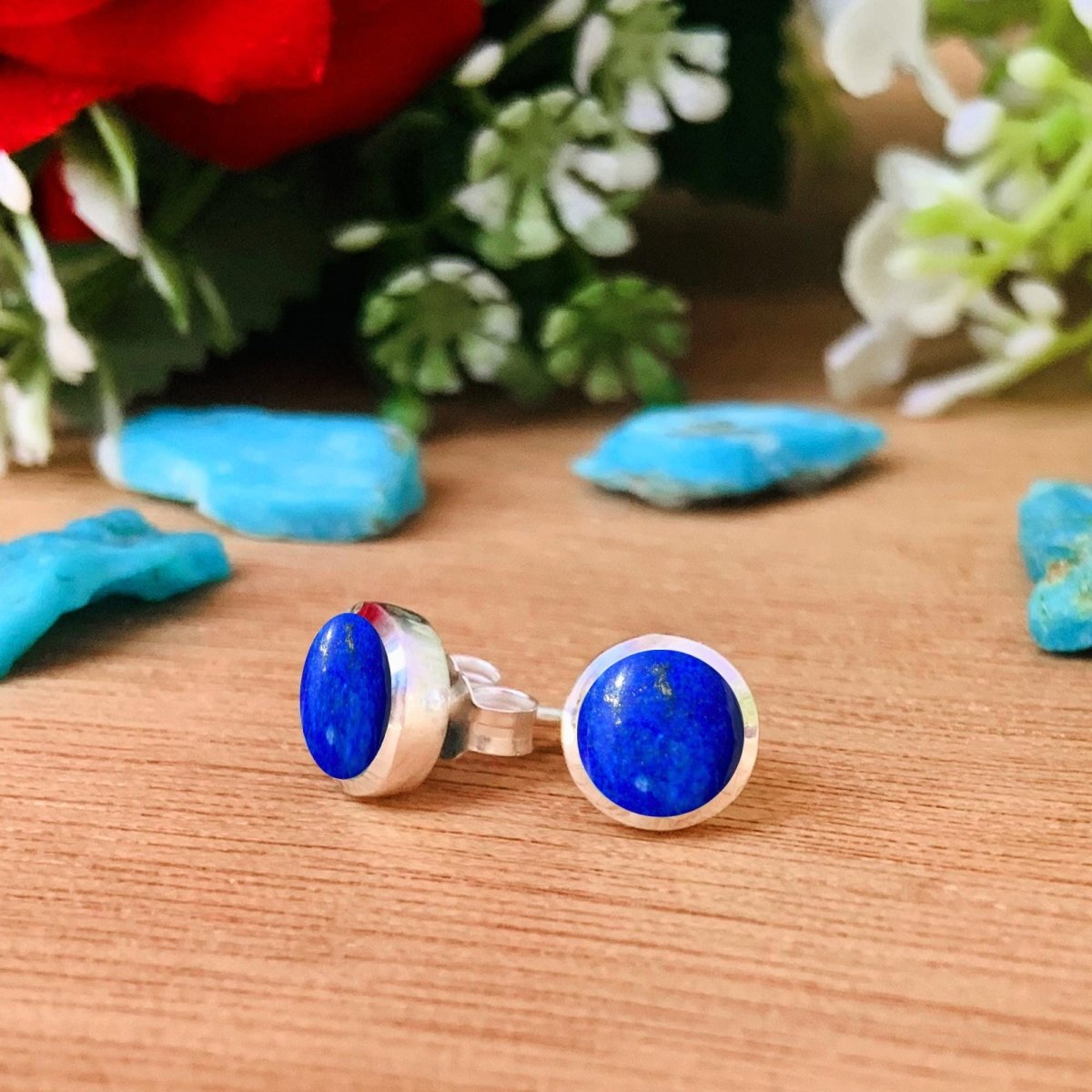 Natural Lapis Lazuli Earrings - 925 Sterling Silver Studs for Women - BeadsBoatInc