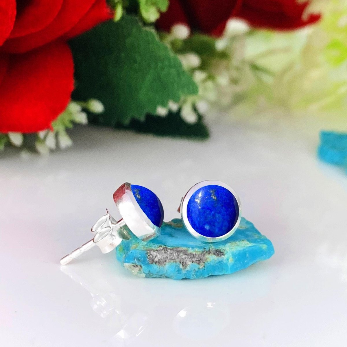 Natural Lapis Lazuli Earrings - 925 Sterling Silver Studs for Women - BeadsBoatInc