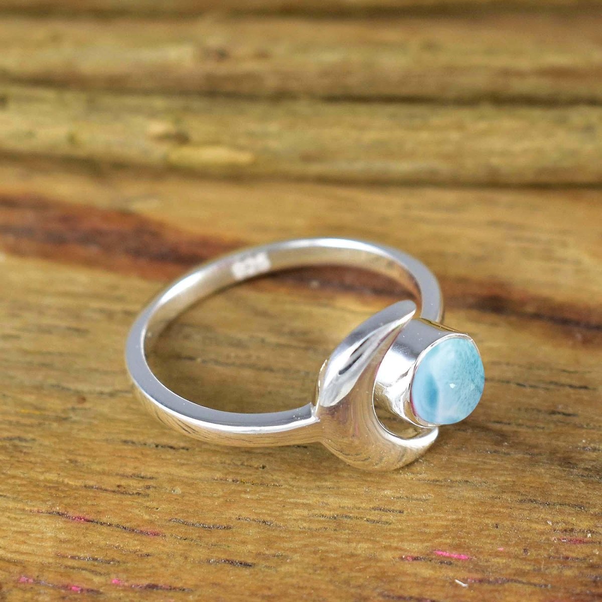 Natural Larimar Crescent Moon Ring | Dainty Silver & Gold | - BeadsBoatInc