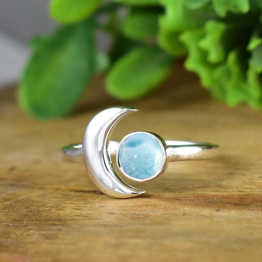 Natural Larimar Crescent Moon Ring | Dainty Silver & Gold | - BeadsBoatInc