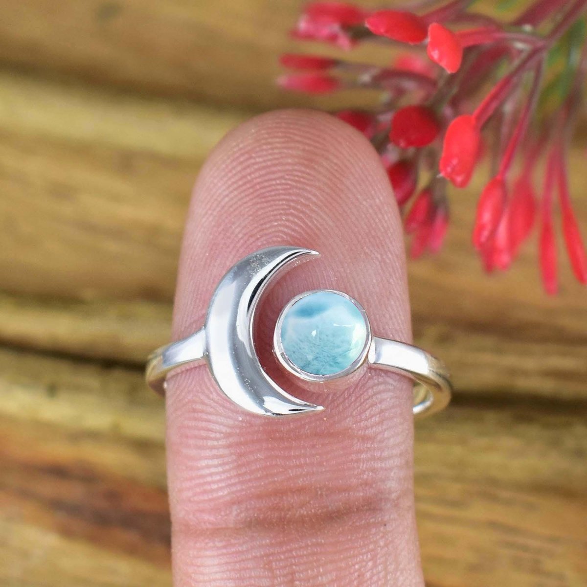Natural Larimar Crescent Moon Ring | Dainty Silver & Gold | - BeadsBoatInc