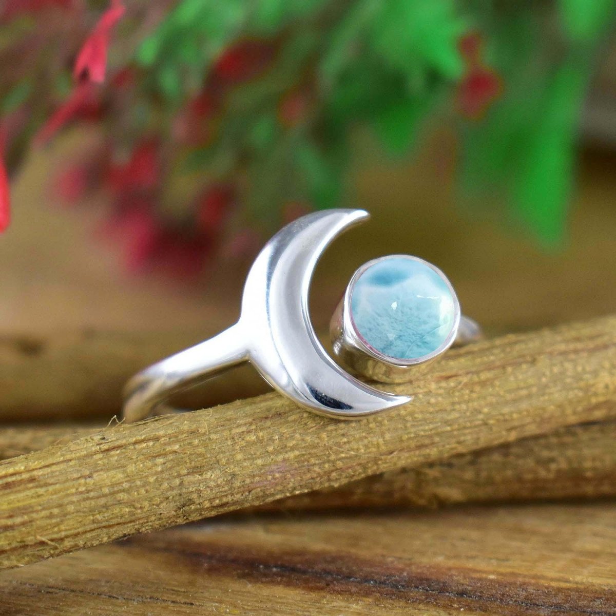 Natural Larimar Crescent Moon Ring | Dainty Silver & Gold | - BeadsBoatInc