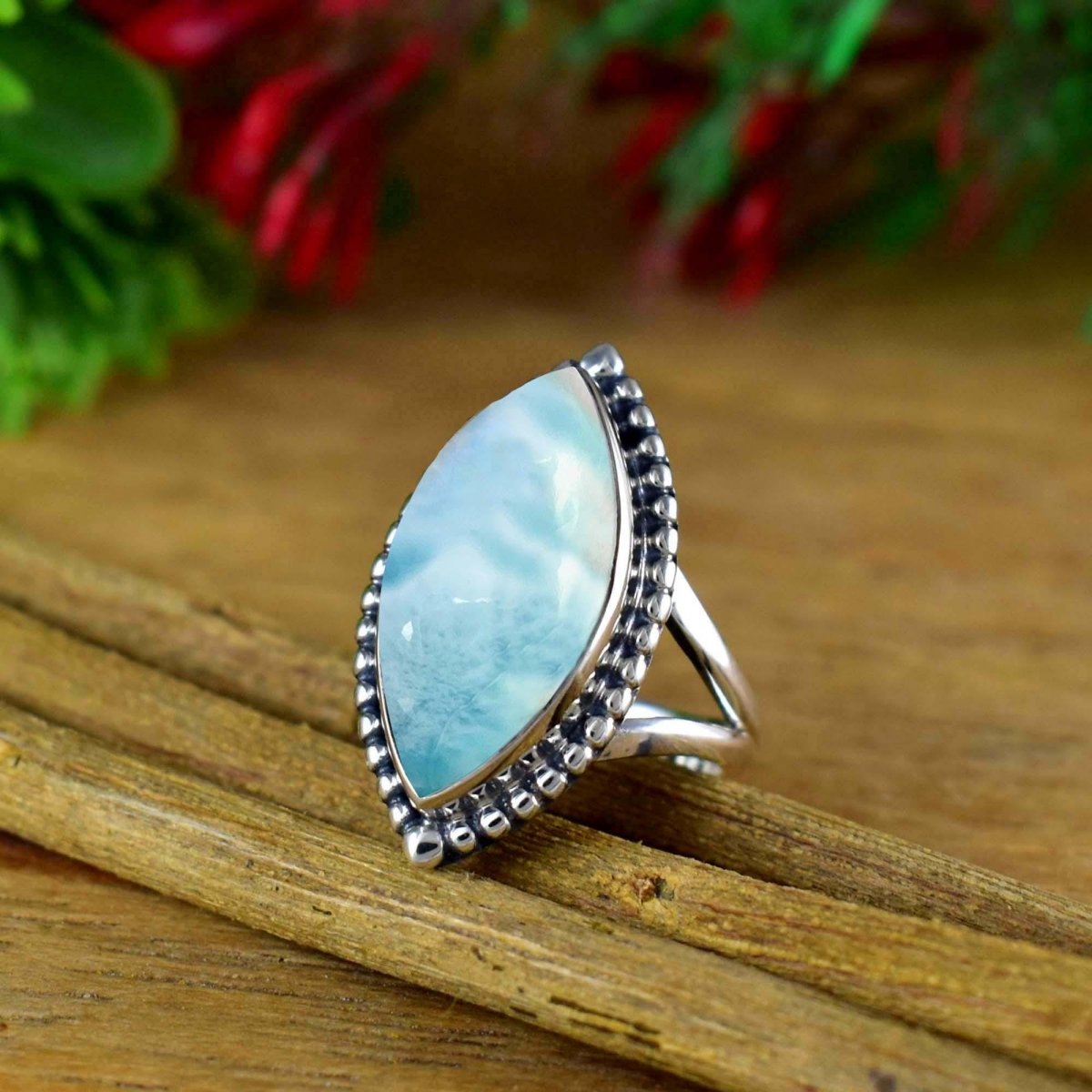 Natural Larimar Marquise Ring, Boho Statement, Wedding Silver Ring - BeadsBoatInc