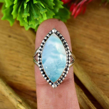 Natural Larimar Marquise Ring, Boho Statement, Wedding Silver Ring - BeadsBoatInc