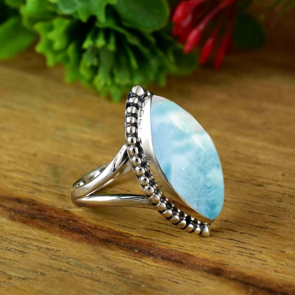 Natural Larimar Marquise Ring, Boho Statement, Wedding Silver Ring - BeadsBoatInc