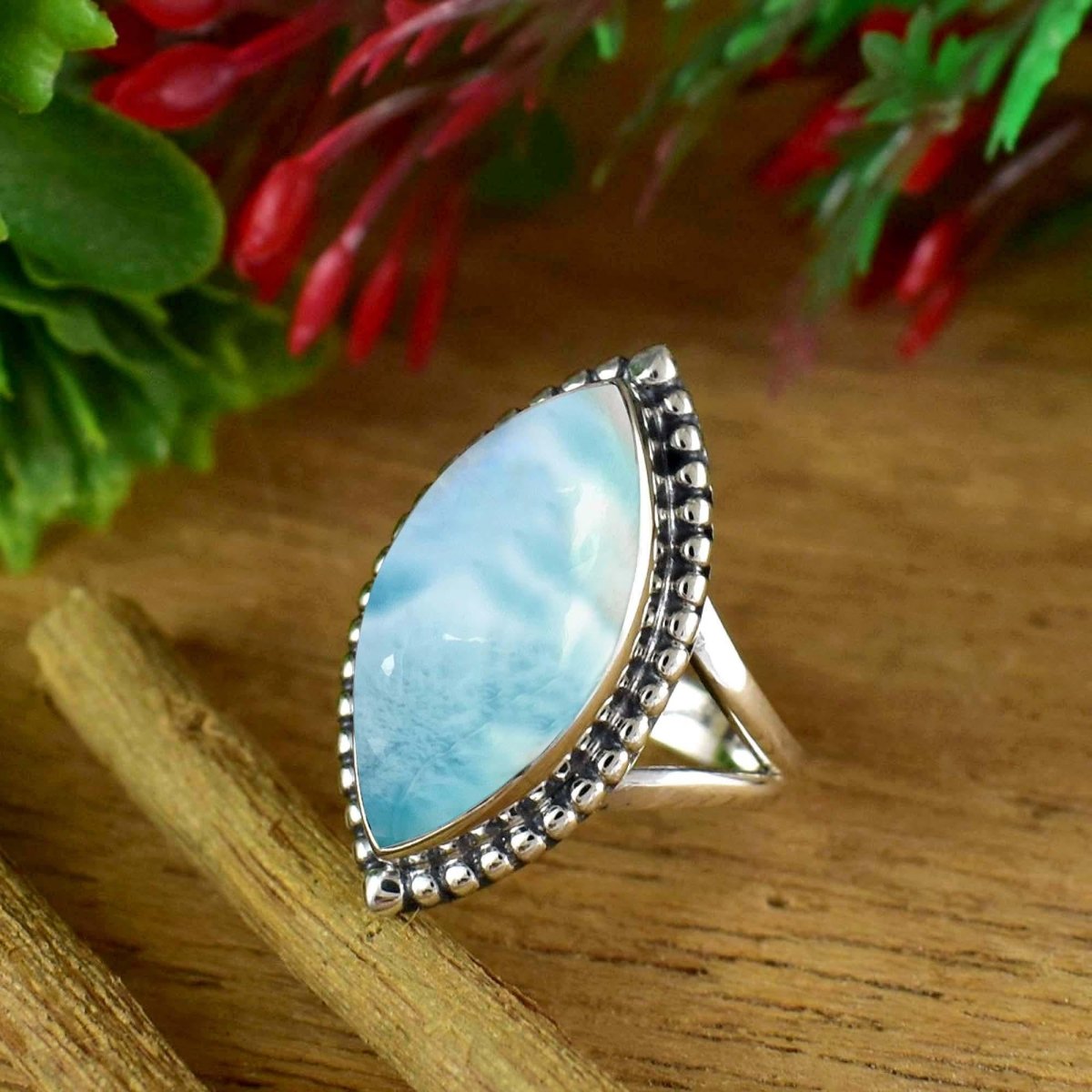 Natural Larimar Marquise Ring, Boho Statement, Wedding Silver Ring - BeadsBoatInc