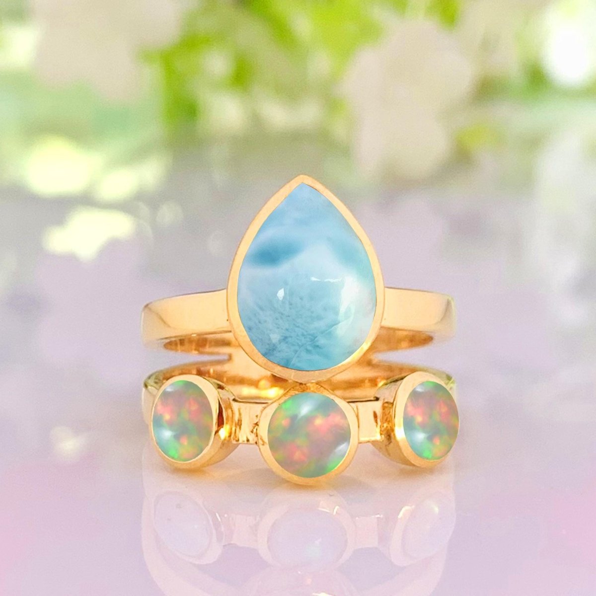 Natural Larimar & Opal Chevron Ring | Gold Vermeil - BeadsBoatInc