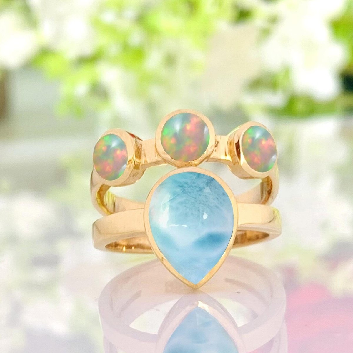 Natural Larimar & Opal Chevron Ring | Gold Vermeil - BeadsBoatInc