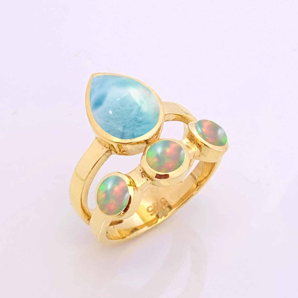 Natural Larimar & Opal Chevron Ring | Gold Vermeil - BeadsBoatInc