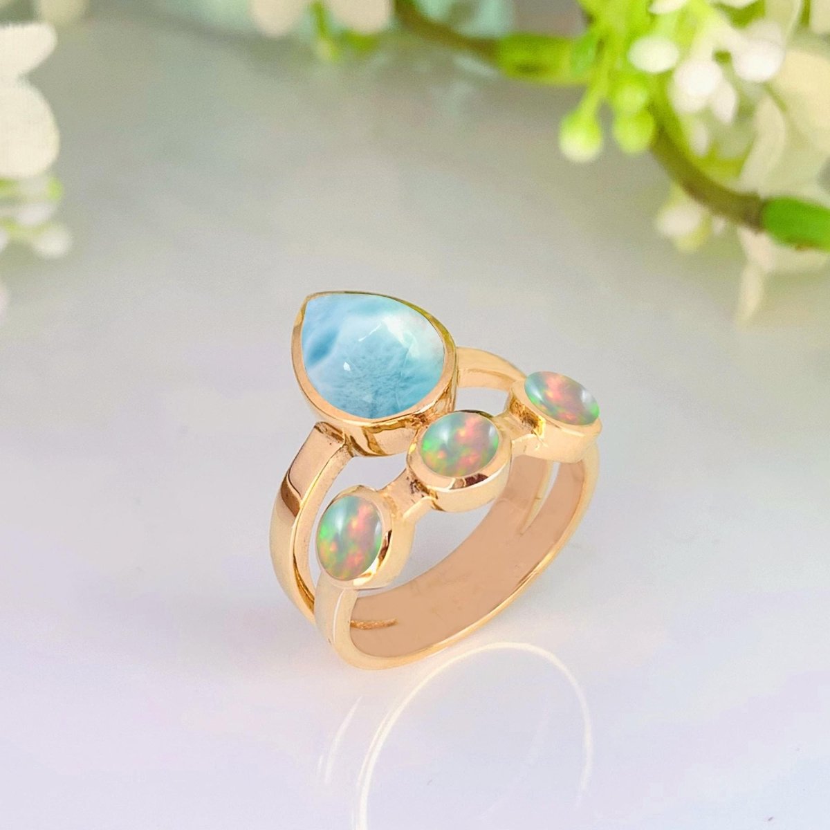 Natural Larimar & Opal Chevron Ring | Gold Vermeil - BeadsBoatInc