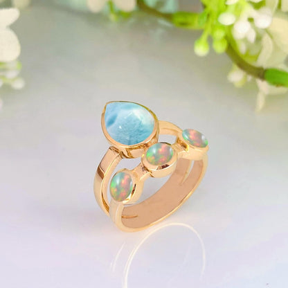 Natural Larimar & Opal Chevron Ring | Gold Vermeil - BeadsBoatInc