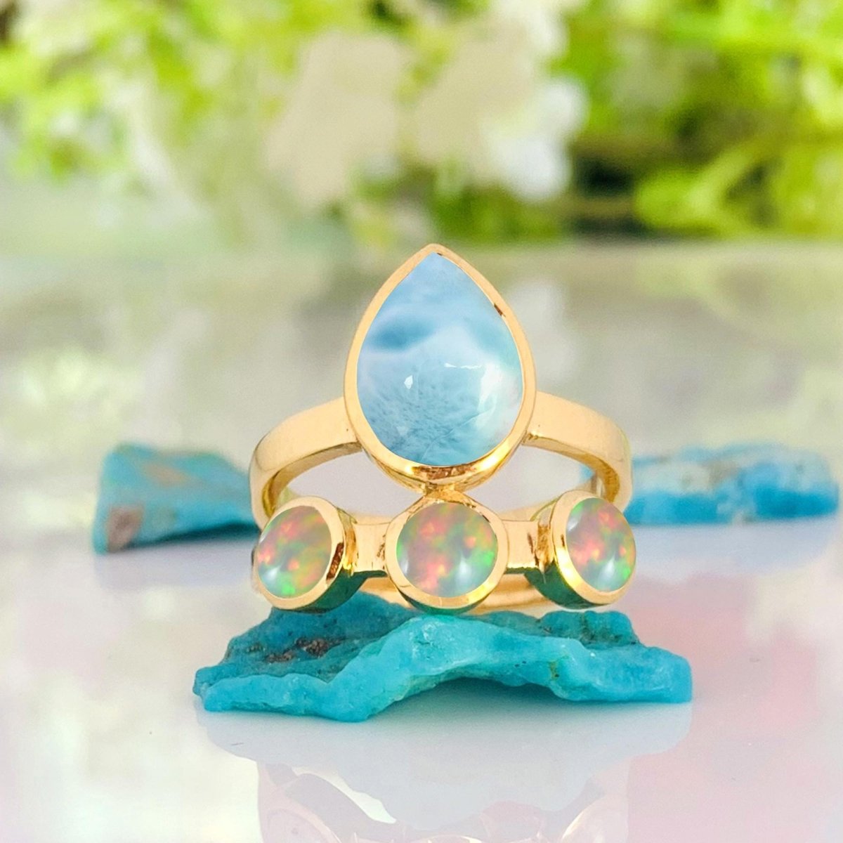 Natural Larimar & Opal Chevron Ring | Gold Vermeil - BeadsBoatInc