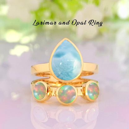 Natural Larimar & Opal Chevron Ring | Gold Vermeil - BeadsBoatInc
