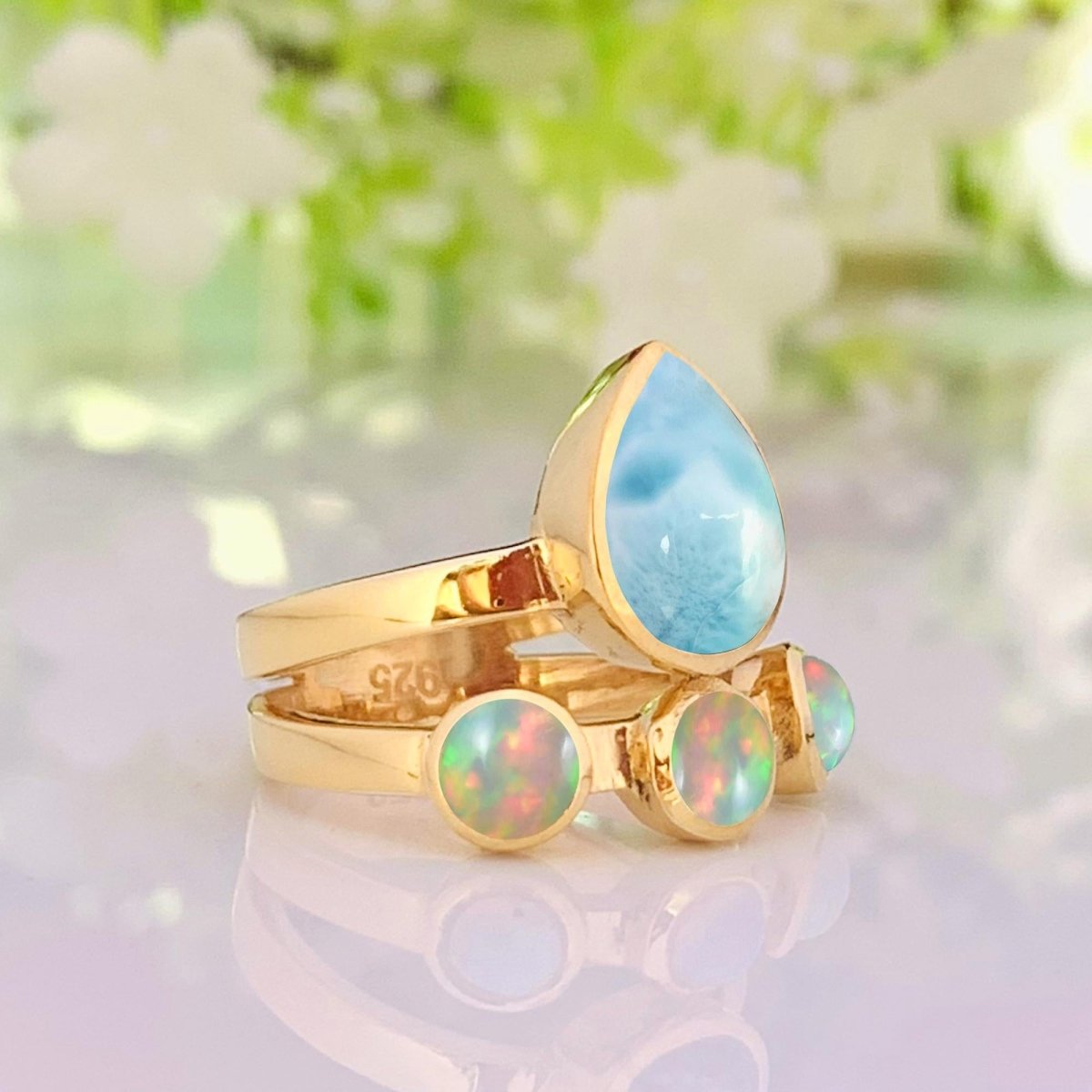 Natural Larimar & Opal Chevron Ring | Gold Vermeil - BeadsBoatInc