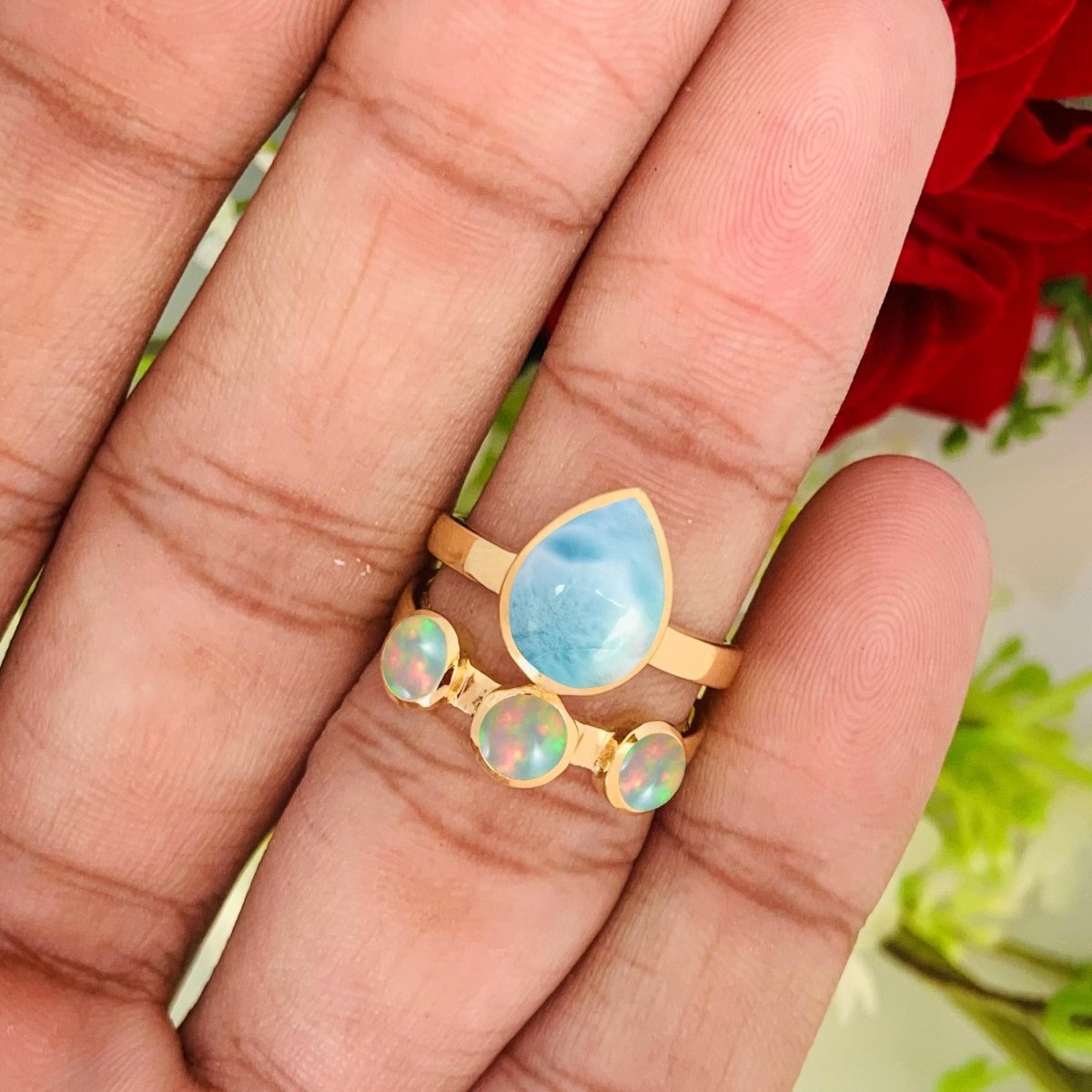 Natural Larimar & Opal Chevron Ring | Gold Vermeil - BeadsBoatInc